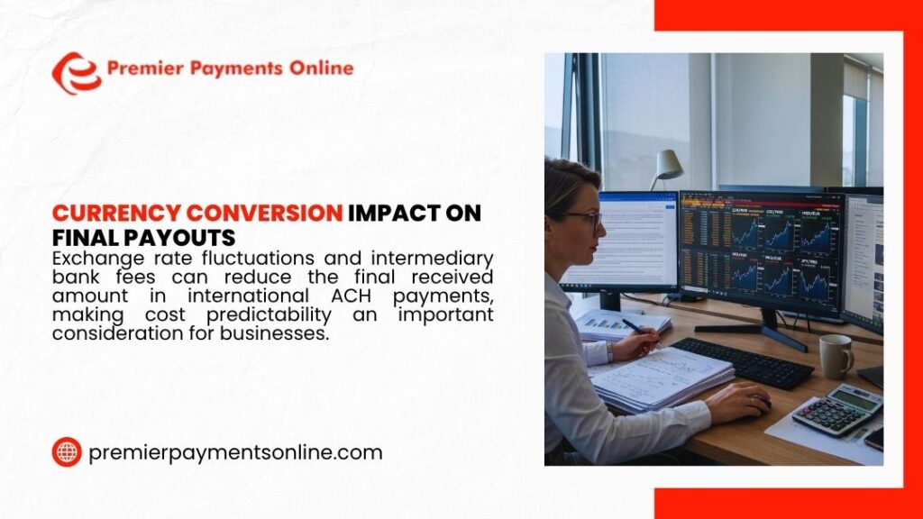 Currency Conversion Impact on Final Payouts. Woman with glasses at a desk reviewing financial charts and data on multiple monitors while working with documents and a calculator.