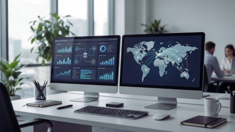 International ACH Payment Processing (2026 Guide). Modern office desk with dual monitors displaying global payment analytics, world map with connection lines, and financial dashboards.