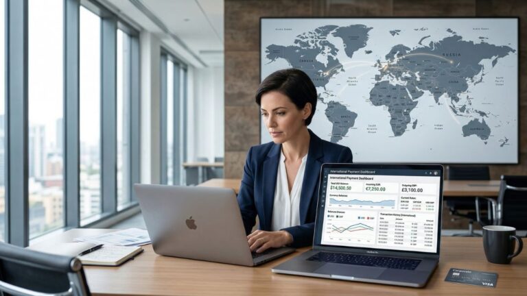 Professional woman in a blue blazer working on a laptop at a modern office desk, with a large world map on the wall behind her and an international payment dashboard visible on screen.