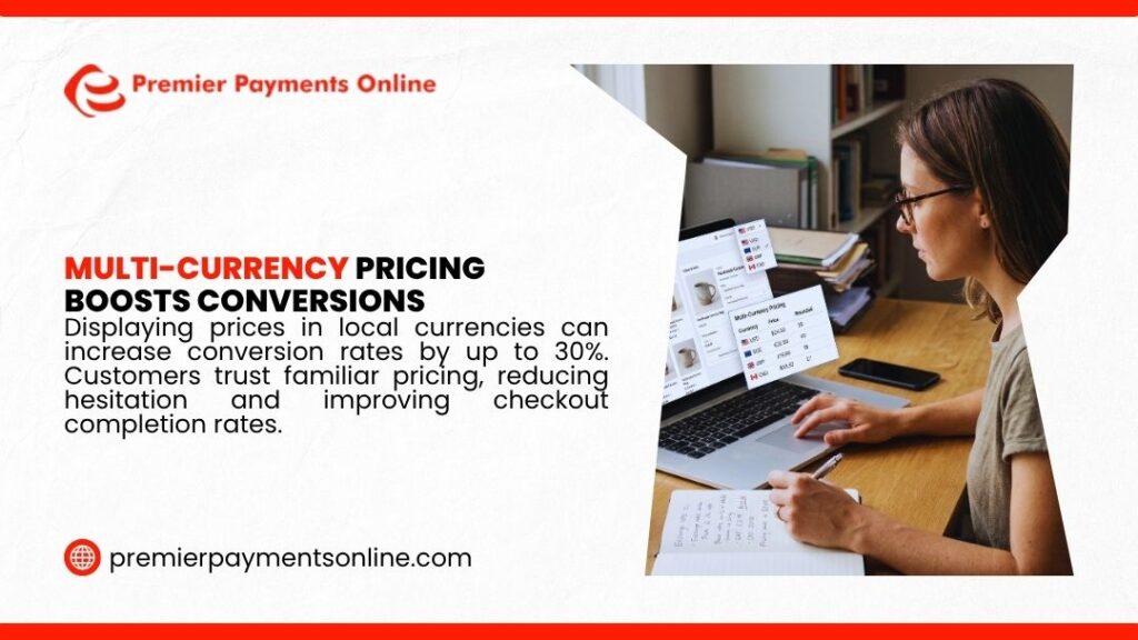 Multi-Currency Pricing Boosts Conversions. Woman with glasses sitting at a desk, using a laptop displaying multi-currency pricing options while writing notes in a notebook.