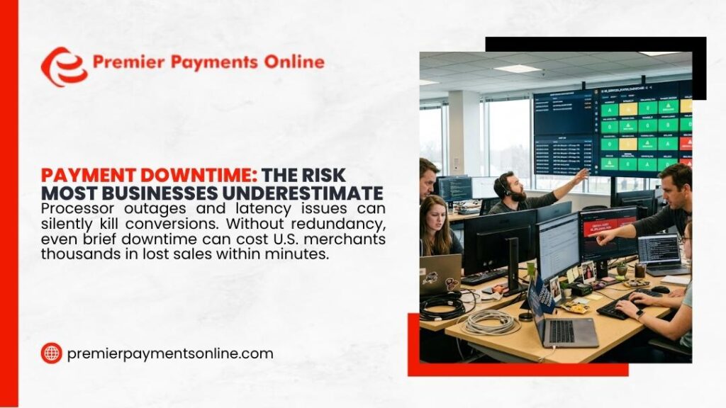 Tech team monitoring payment system dashboards showing the risk of payment downtime most businesses underestimate.