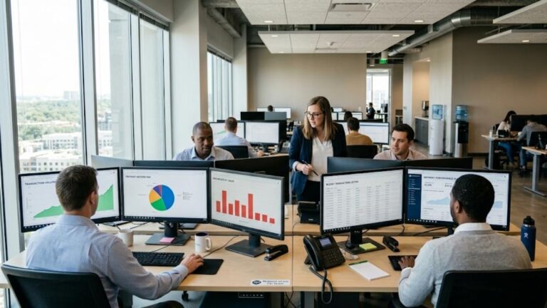 Payment team analyzing transaction volumes and performance dashboards on multiple monitors for smarter payment orchestration processing.
