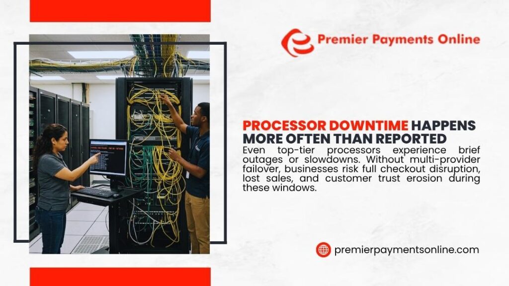 Payment Orchestration vs Payment Gateway
 - IT technicians managing server infrastructure in a data center showing how processor downtime happens more often than reported.
