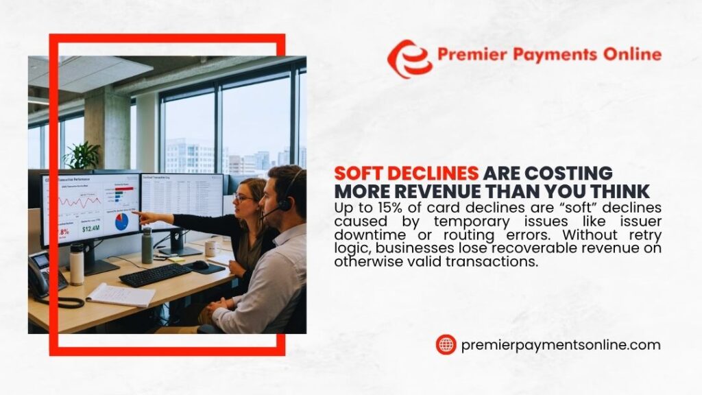 Payment analysts reviewing soft decline transaction data and revenue loss charts showing how soft declines cost more revenue than expected.