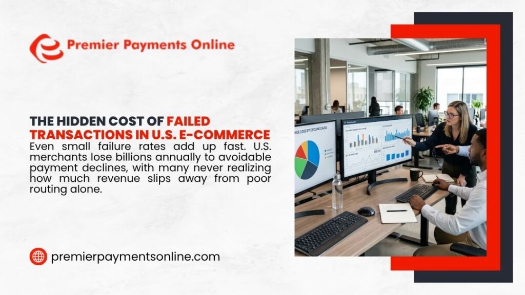 Business team reviewing e-commerce transaction decline charts on dual monitors showing the hidden cost of failed transactions.