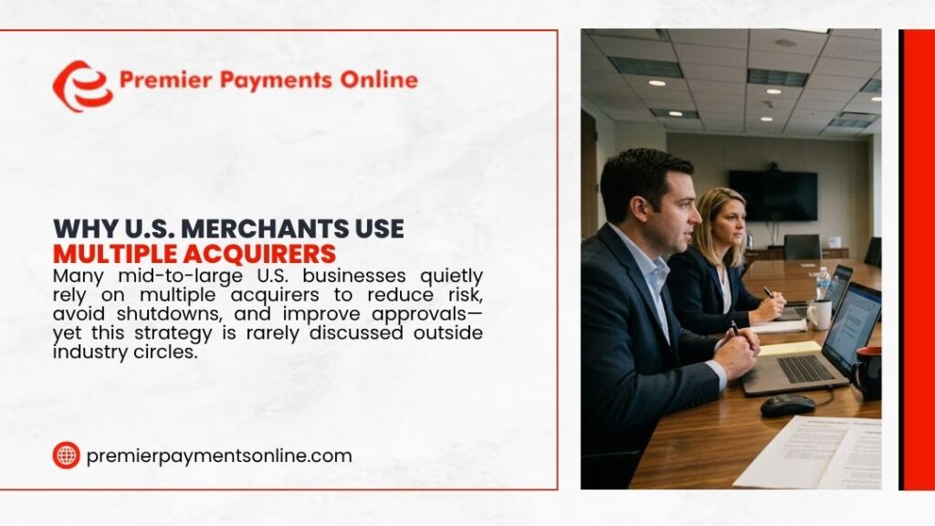 Business professionals in a meeting reviewing payment strategy showing why U.S. merchants use multiple acquirers to reduce risk.