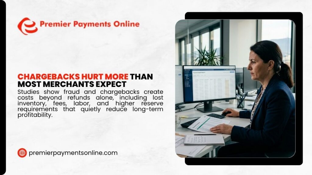 Premier Payments Online graphic "Chargebacks Hurt More Than Most Merchants Expect" showing a concerned businesswoman reviewing financial reports and data on monitors at her office desk.