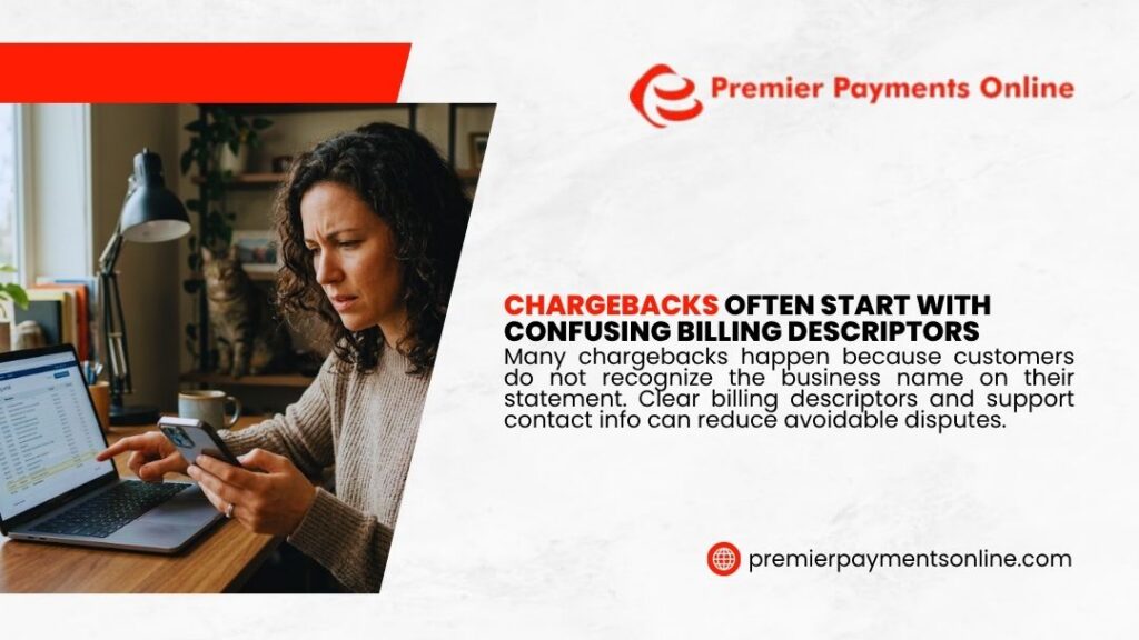 Premier Payments Online graphic "Chargebacks Often Start With Confusing Billing Descriptors" showing a concerned woman checking her phone and laptop at her desk with a cat in the background.