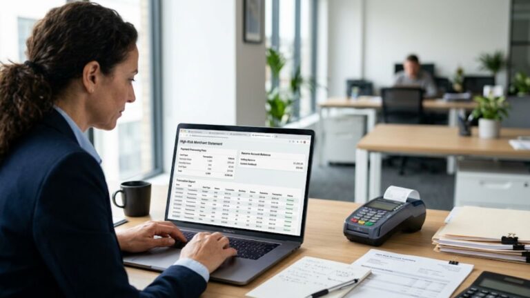 Businesswoman in a suit reviewing a high-risk merchant account statement on her laptop, with payment terminal and financial documents on her desk in a modern office.