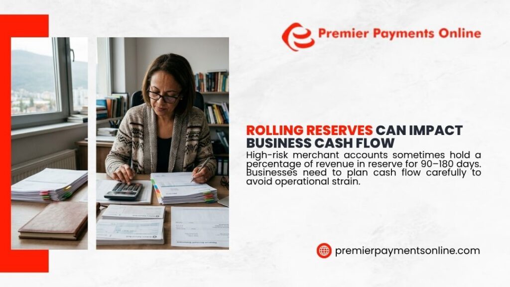 Premier Payments Online graphic "Rolling Reserves Can Impact Business Cash Flow" showing a focused woman with glasses reviewing financial documents and using a calculator at her desk.