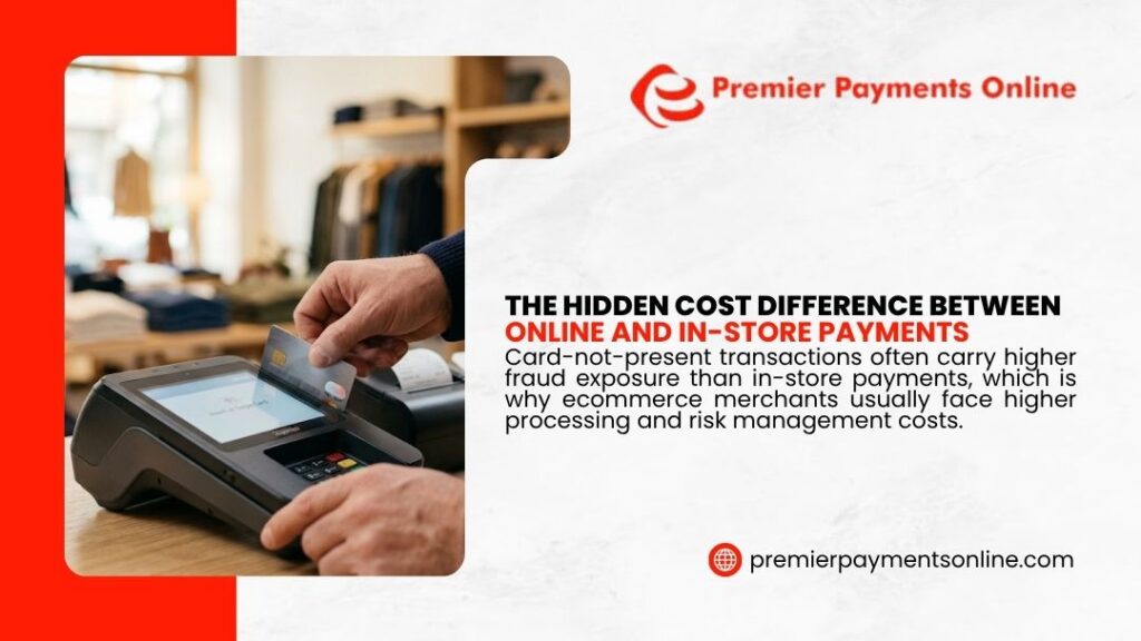 Premier Payments Online graphic "The Hidden Cost Difference Between Online and In-Store Payments" showing hands tapping a credit card at a payment terminal in a retail setting.