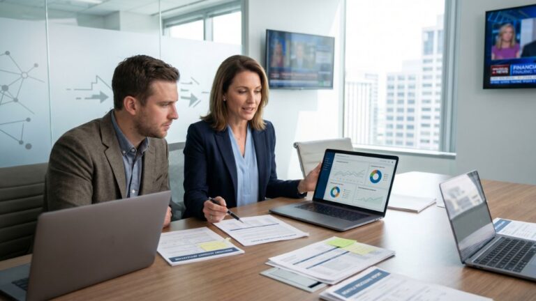 Business professionals reviewing financial documents and charts on a laptop during a high-risk merchant account consultation in a modern conference room.
