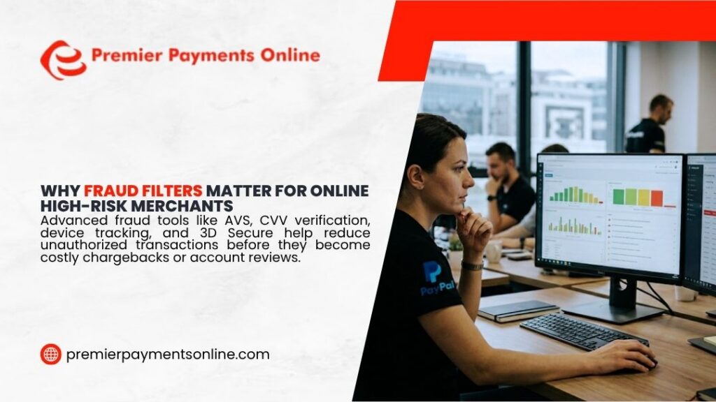 Premier Payments Online graphic "Why Fraud Filters Matter for Online High-Risk Merchants" showing a focused woman at her desk with dual monitors in an office, reviewing data.