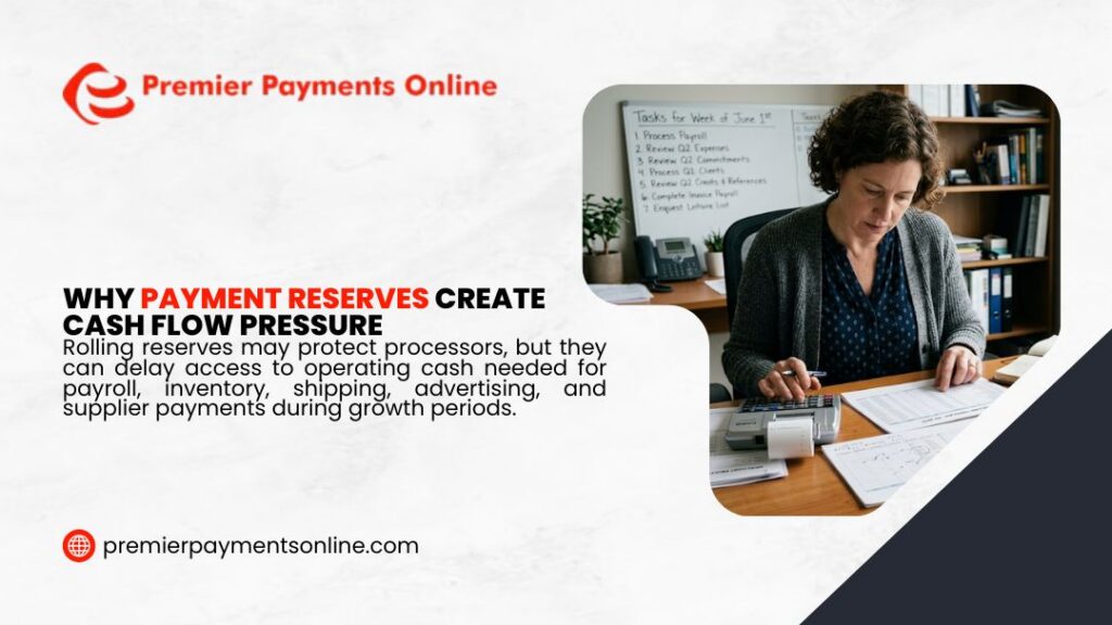 Premier Payments Online graphic "Why Payment Reserves Create Cash Flow Pressure" showing a focused businesswoman reviewing financial documents with calculator at her desk.