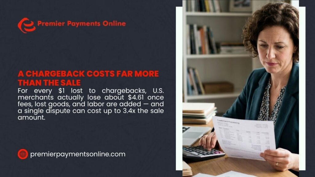 Chargeback cost to merchants graphic by Premier Payments Online showing a woman reviewing a credit card processing statement with a calculator at a desk