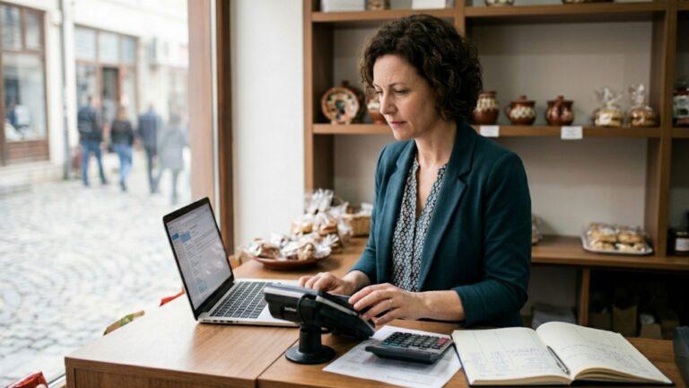 a woman with curly hair is working at a counter. She is using a laptop and a card payment terminal while sitting at a table with a calculator and an open notebook.