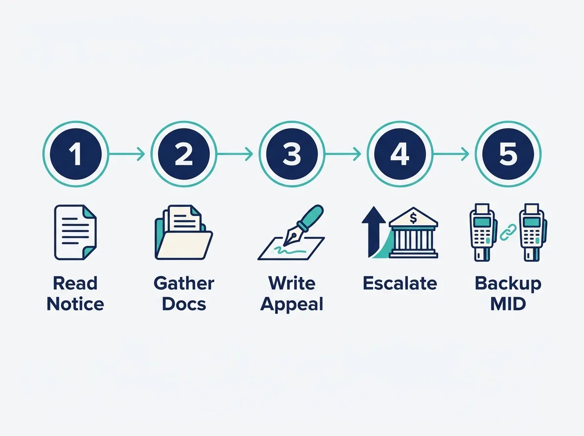 Five-step process diagram for appealing a merchant account termination: read notice, gather documents, write appeal, escalate, line up a backup processor.