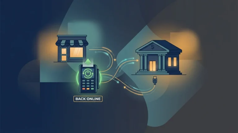 Flat illustration of a merchant terminal reconnecting to a payment network with a 'Back Online' label, symbolizing a reinstated merchant account.