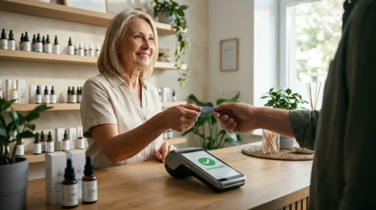 CBD shop owner accepting a card payment at a terminal showing an approved transaction