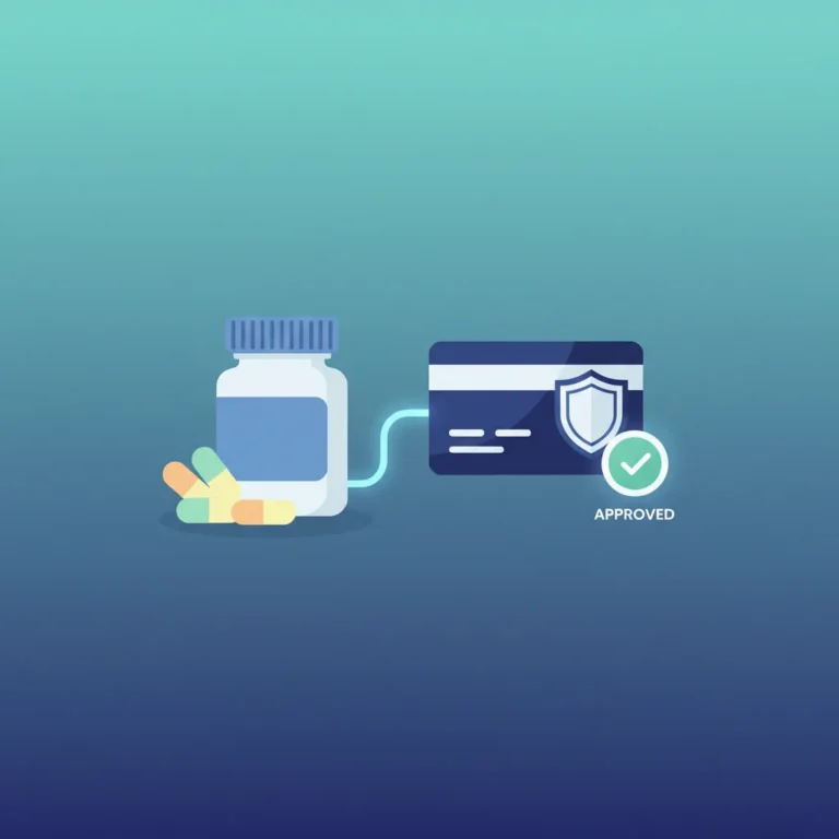 Flat illustration of a supplement bottle linked to a secure card payment with an approved badge, representing nutraceutical payment processing