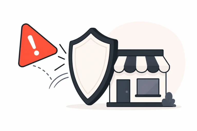 Flat vector illustration of a shield deflecting a coral warning triangle away from a small storefront, representing payment fraud protection.