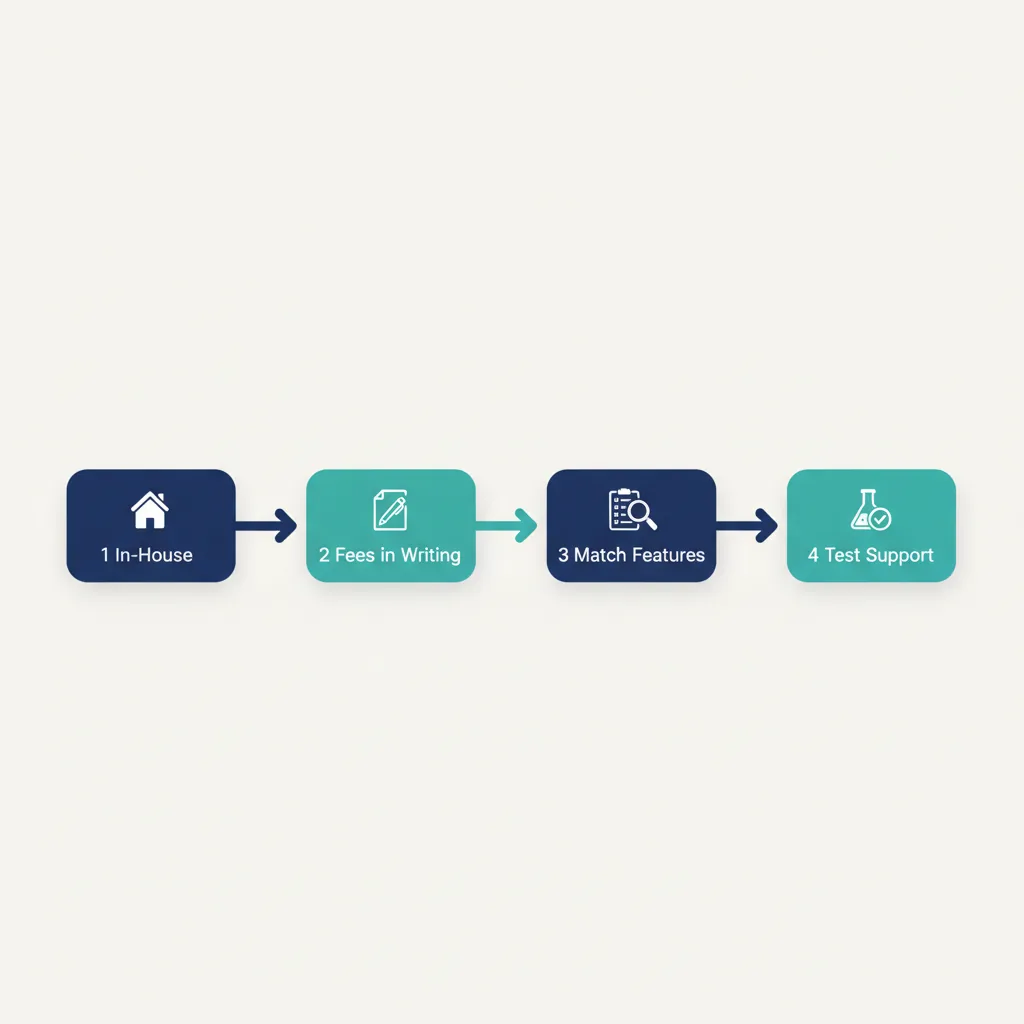 Four-step process flow diagram for choosing a nutraceutical payment processor: in-house underwriting, fees in writing, matching features, testing support