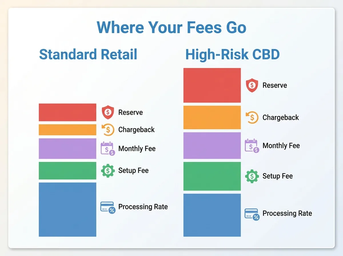 Infographic comparing payment processing cost components for standard retail versus high-risk CBD accounts
