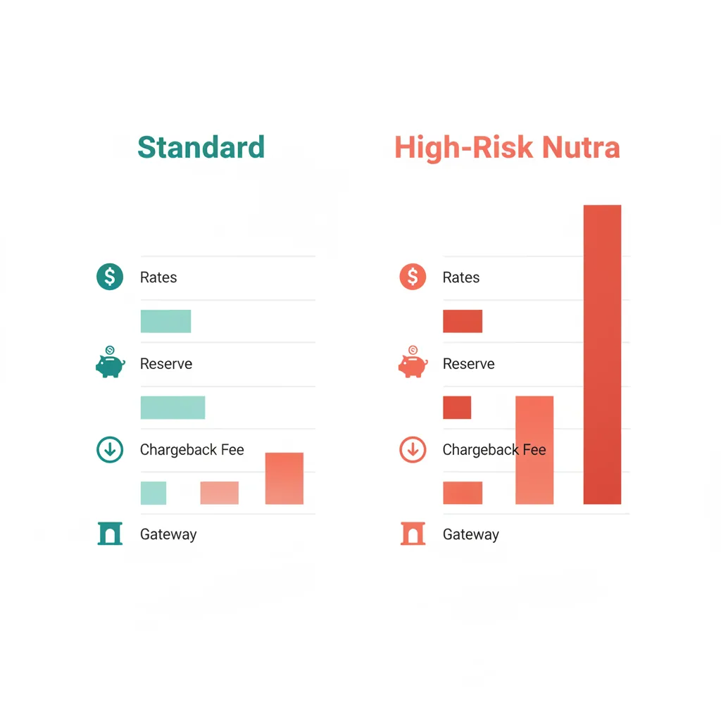 Infographic comparing standard versus high-risk nutraceutical payment costs across rates, reserve, chargeback and gateway fees