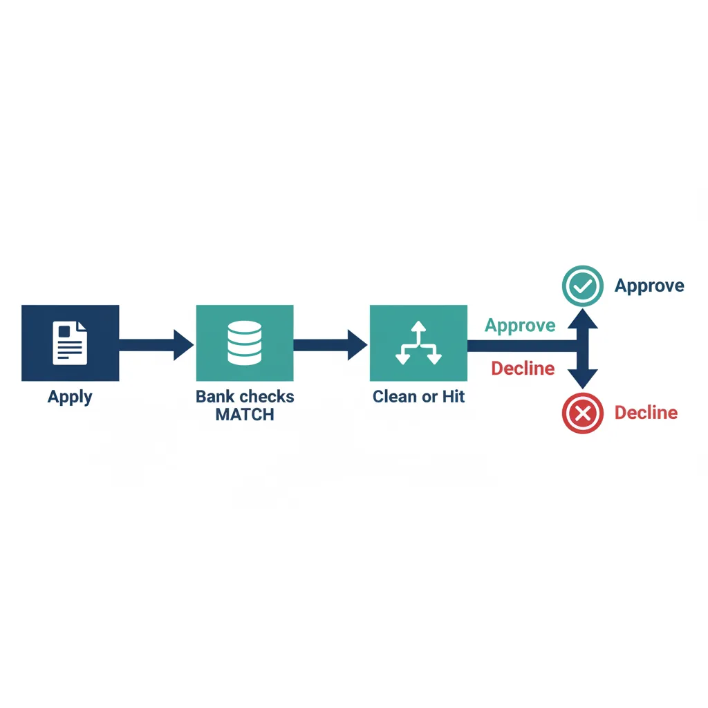 Process diagram showing how an acquiring bank checks a merchant application against the MATCH list before approval or decline