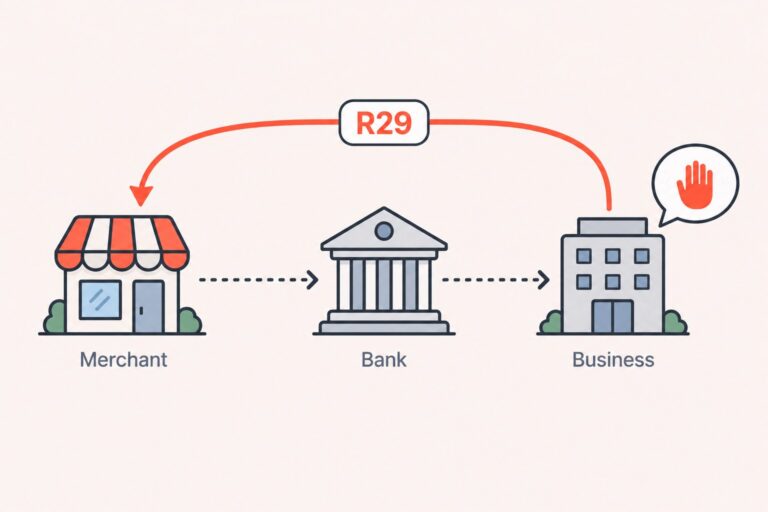 Diagram of an ACH debit going from a merchant through a bank to a business customer, with a coral R29 return arrow looping back to the merchant after the business says the debit was not authorized