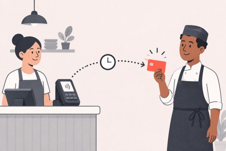 Flat illustration of a card tip moving along a dotted payment path from a restaurant card reader to an employee's reloadable payout card, with a clock marking payout timing