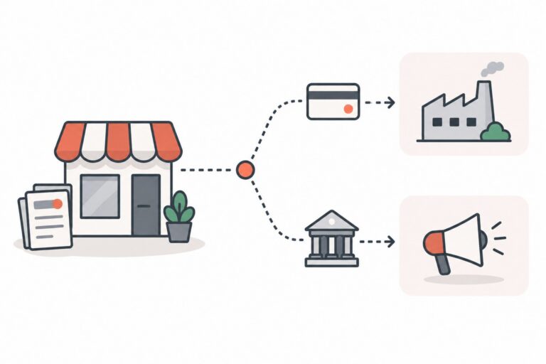 Flat illustration of a small business storefront with two payment paths splitting toward vendors, one ending at a virtual card and one at a bank, showing the choice between card and ACH