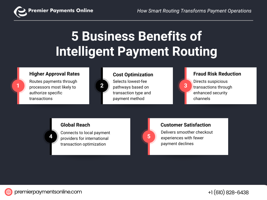 Infographic listing five business benefits of intelligent payment routing in numbered white boxes on dark background