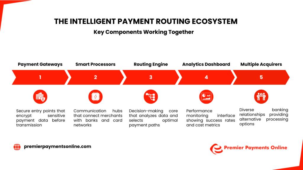 Infographic showing five red arrow stages of the intelligent payment routing ecosystem, from payment gateways to multiple acquirers