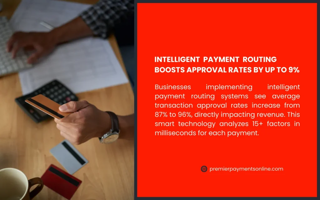 Stock photo of a hand holding a card at a desk, beside red panel on routing approval rates
