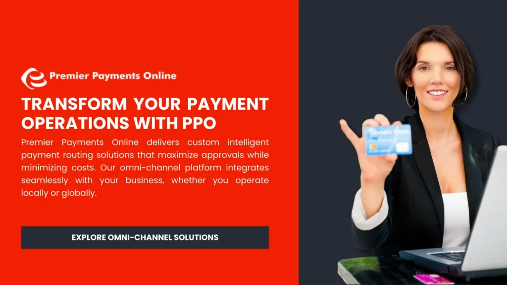 Banner with Premier Payments Online logo and red text panel beside smiling woman holding a credit card near laptop