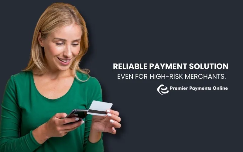 Promotional graphic of woman in green top holding smartphone and bank card, text reads reliable payment solution